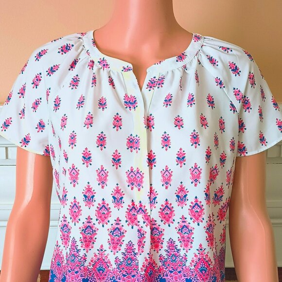Talbots Split Neck Tunic Top SP White Pink Blue Floral Blouse with Side Slits - Picture 3 of 8